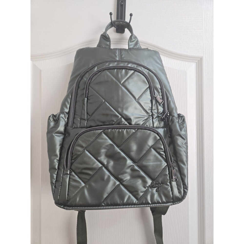 lug Hatchback Green metallic Quilted Backpack Top Handle, Adjustable Straps